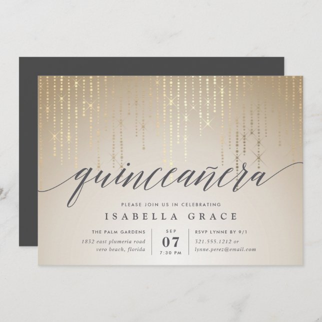 Elegant Gold String Lights Quinceanera Invitation (Front/Back)