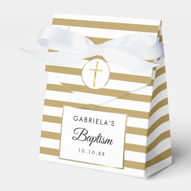 Elegant Gold Stripe Baptism Christening Favor Boxes (Front Side)