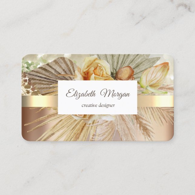 Elegant Gold Stripe Boho Flowers Business Card (Front)