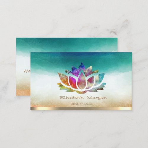 Elegant Gold Stripe Colorful Lotus Watercolor  Business Card
