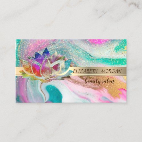 Elegant Gold Stripe ConfettiColorful LotusMarble Business Card