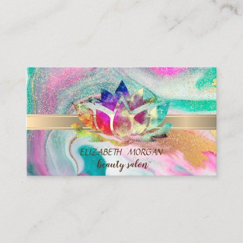 Elegant Gold Stripe ConfettiRainbow LotusMarble Business Card