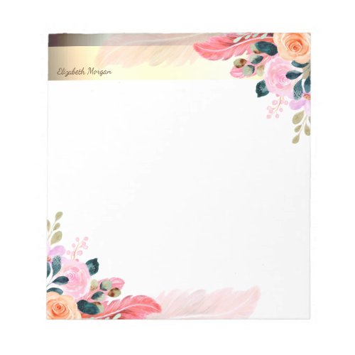 Elegant Gold Stripe Flowers Feather Notepad