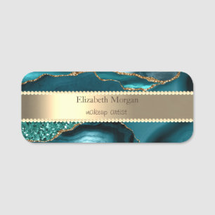 Elegant Gold Stripe,Glitter Pearls Emerald Green Name Tag