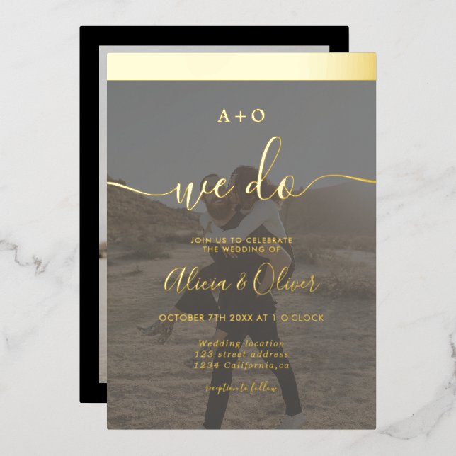 Elegant gold stripe initials 2 photos wedding foil invitation (Front/Back)