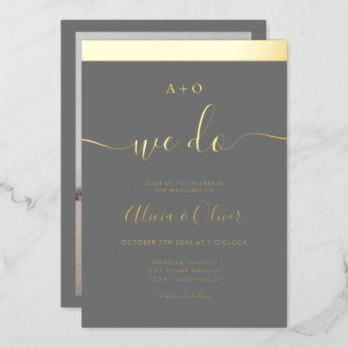 Elegant gold stripe initials gray photo wedding foil invitation