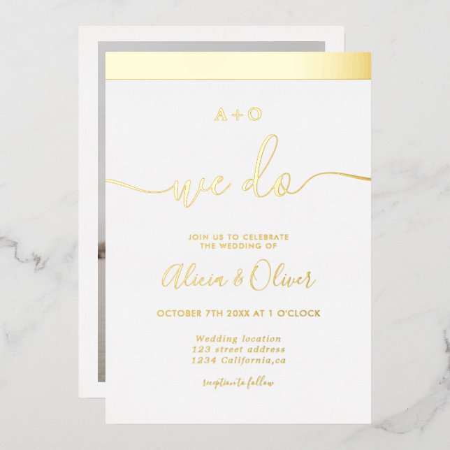 Elegant gold stripe initials white photo wedding foil invitation (Front/Back)