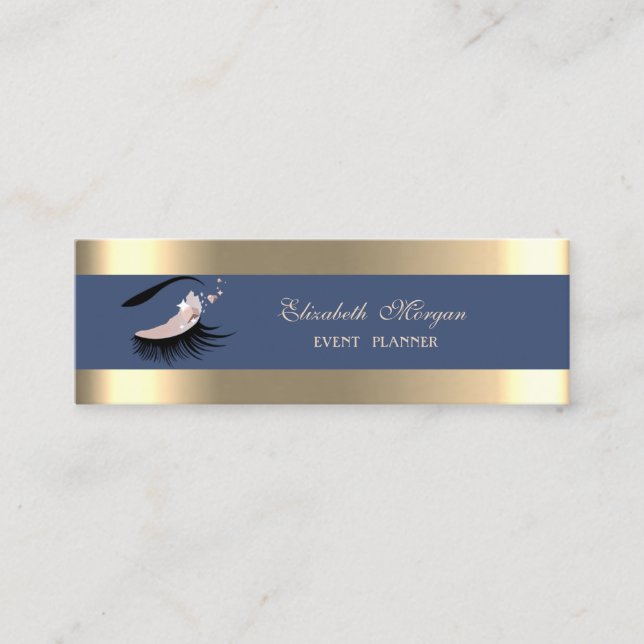 Elegant, Gold Stripe,Navy Blue, Faux Lashes Mini Business Card (Front)