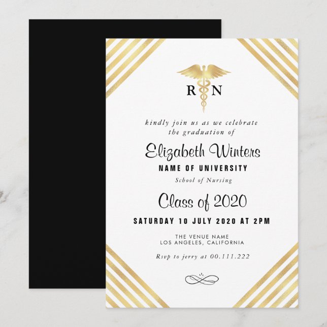 Elegant gold stripe nursing graduation party invitation (Front/Back)