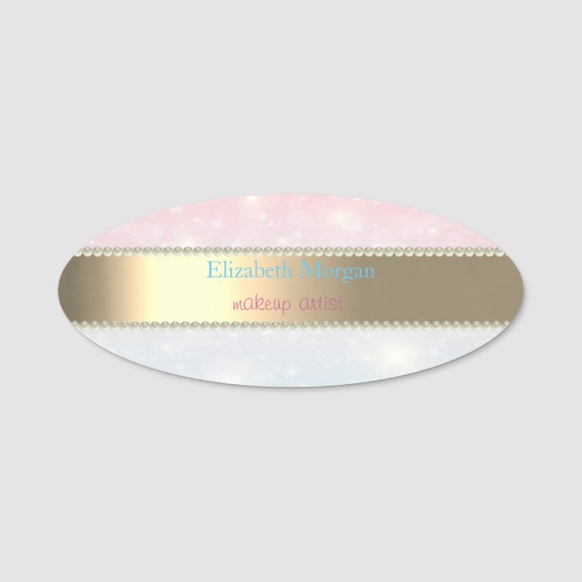 Elegant Gold Stripe, Pearls,Bokeh Name Tag (Front)