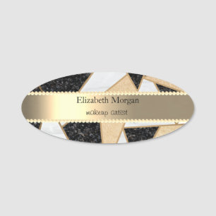 Elegant Gold Stripe, Pearls, Geometric Marble Name Tag
