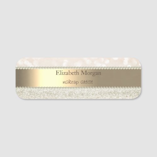 Elegant Gold Stripe Pearls Glitter Bokeh Name Tag