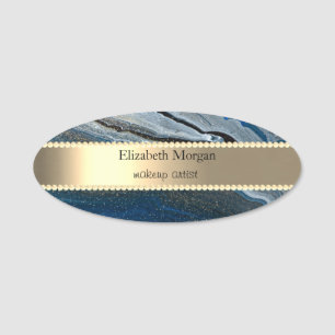 Elegant Gold Stripe, Pearls, Marble Blue Name Tag
