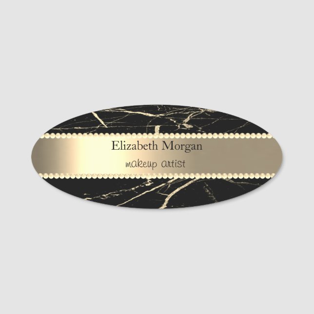 Elegant Gold Stripe, Pearls, Marble Name Tag (Front)