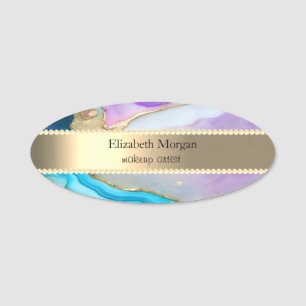 Elegant Gold Stripe, Pearls,Violet Blue Marble Name Tag