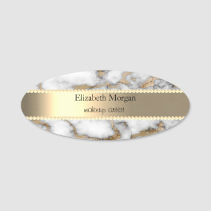 Elegant Gold Stripe, Pearls,White Gold  Marble Name Tag