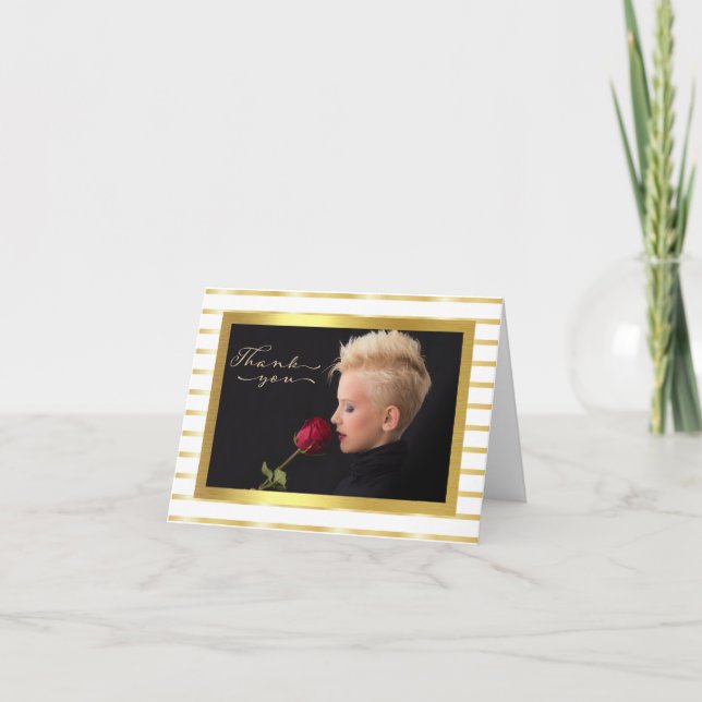 Elegant Gold Stripe Photo Thank You Card (Front)