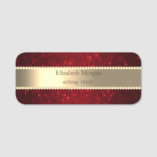 Elegant Gold StripeRed Glitter Bokeh Pearls Name Tag