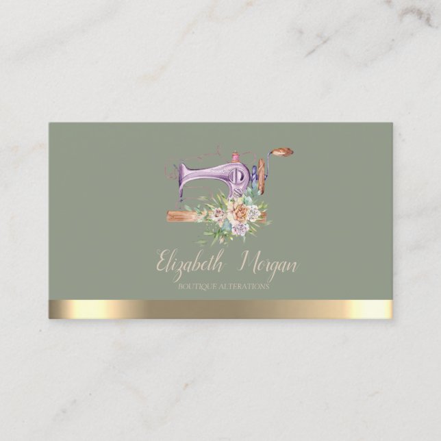 Elegant Gold Stripe Sewing Machine Sage Green Business Card (Front)
