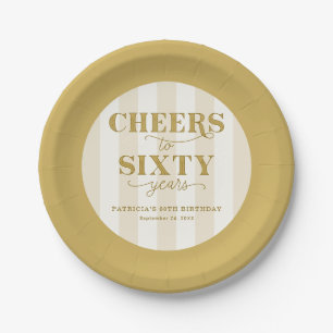 Elegant Gold Striped Cheers to 60 Years Birthday  Paper Plates