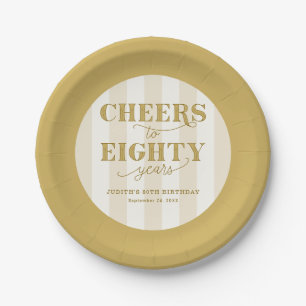 Elegant Gold Striped Cheers to 80 Years Birthday Paper Plates