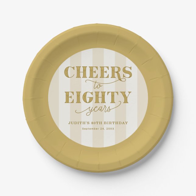 Elegant Gold Striped Cheers to 80 Years Birthday Paper Plates (Front)