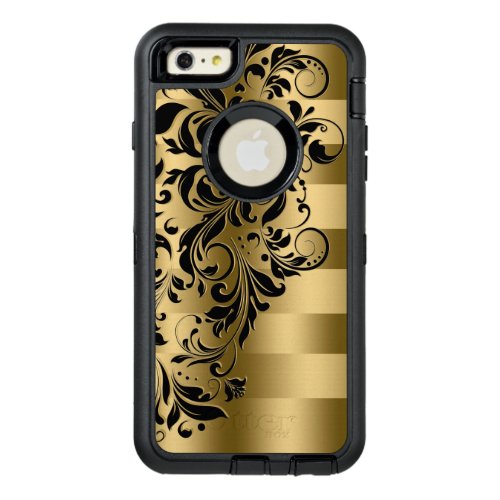 Elegant Gold Stripes  Black Floral Swirls Lace OtterBox Defender iPhone Case
