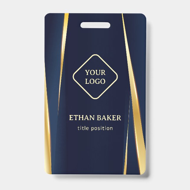 Elegant Gold Stripes Blue Background Badge (Front)