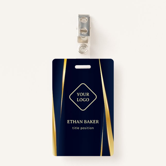 Elegant Gold Stripes Blue Background Badge (Front with Clip)