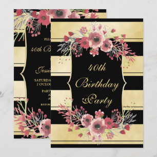 Elegant Gold Stripes Floral Watercolor 40th Invitation