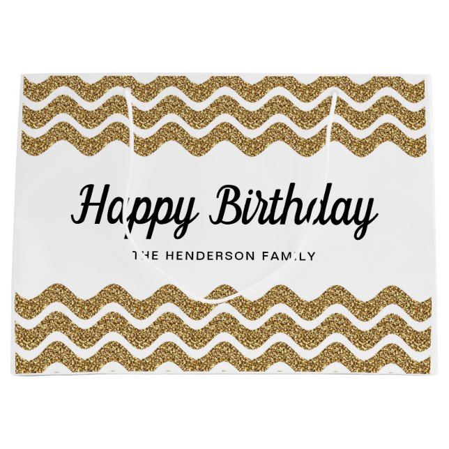 Elegant Gold Stripes Happy Birthday Large Gift Bag (Front)