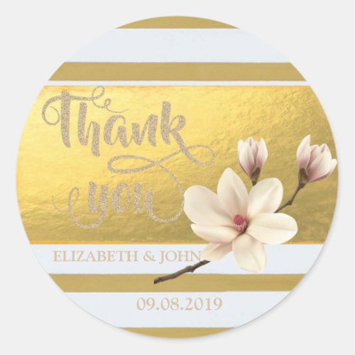Elegant Gold Stripes Magnolia  You Wedding Sticker