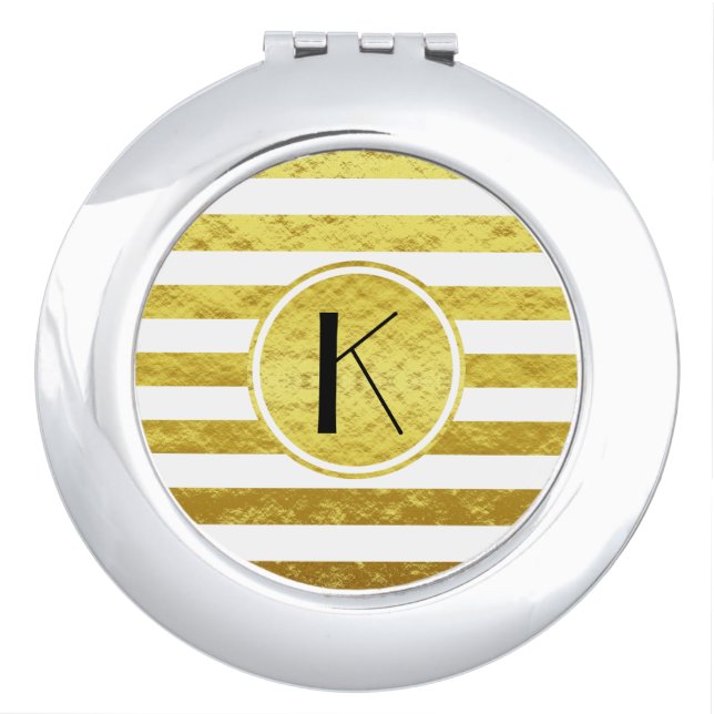 Elegant Gold Stripes Pattern Monogram Compact Mirror (Front)