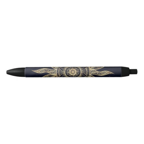 Elegant Gold Sun Mandala Blue Nebula Design Black Ink Pen