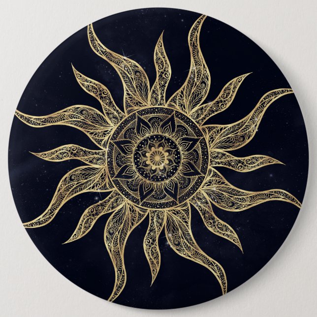 Elegant Gold Sun Mandala Blue Nebula Design Button (Front)
