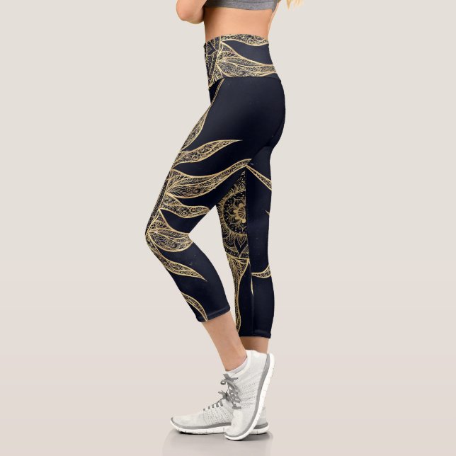 Elegant Gold Sun Mandala Blue Nebula Design Capri Leggings (Left)