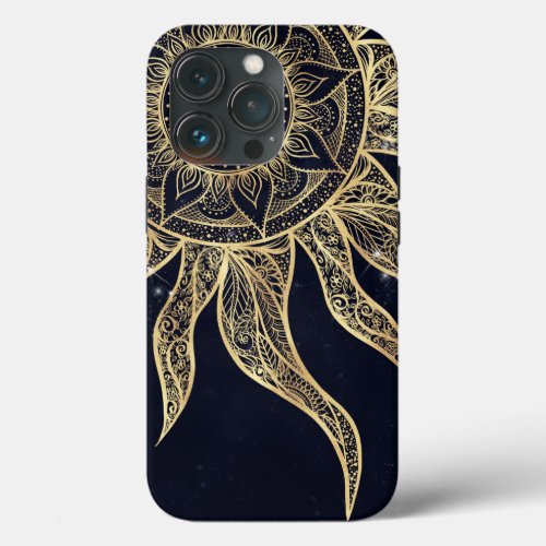 Elegant Gold Sun Mandala Blue Nebula Design iPhone 13 Pro Case