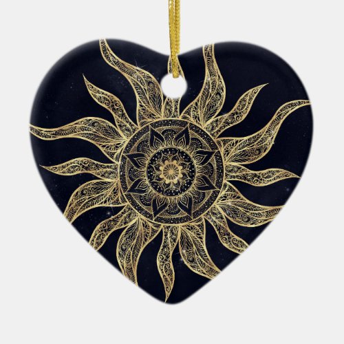 Elegant Gold Sun Mandala Blue Nebula Design Ceramic Ornament