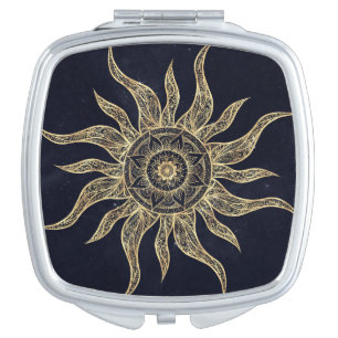 Elegant Gold Sun Mandala Blue Nebula Design Compact Mirror