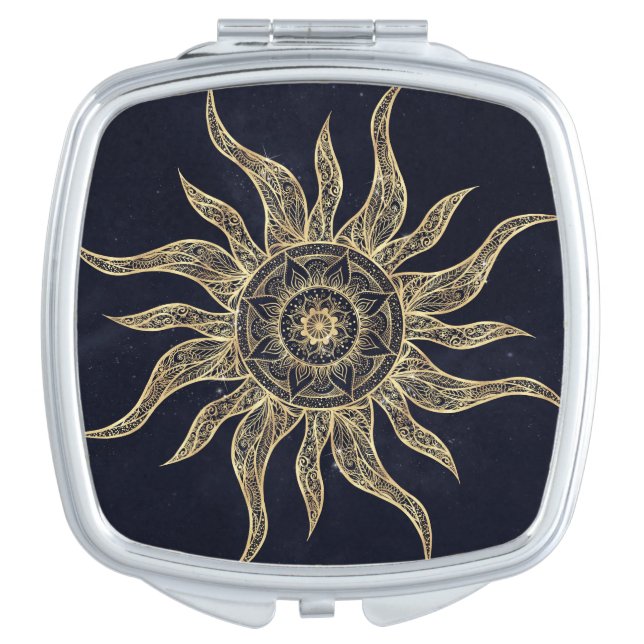 Elegant Gold Sun Mandala Blue Nebula Design Compact Mirror (Front)