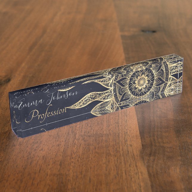 Elegant Gold Sun Mandala Blue Nebula Design Desk Name Plate (Side)
