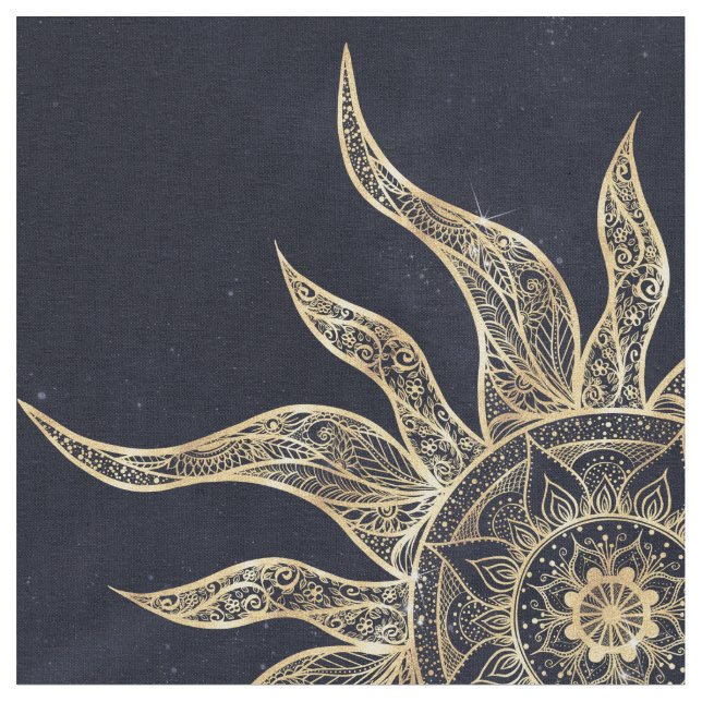 Elegant Gold Sun Mandala Blue Nebula Design Fabric (Close Up)