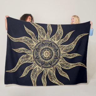Elegant Gold Sun Mandala Blue Nebula Design Fleece Blanket