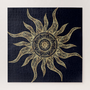 Elegant Gold Sun Mandala Blue Nebula Design Jigsaw Puzzle