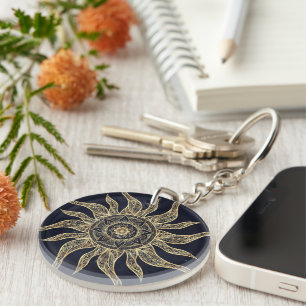 Elegant Gold Sun Mandala Blue Nebula Design Keychain