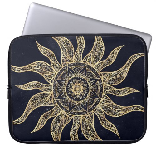Elegant Gold Sun Mandala Blue Nebula Design Laptop Sleeve