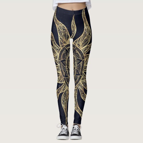 Elegant Gold Sun Mandala Blue Nebula Design Leggings