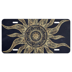 Elegant Gold Sun Mandala Blue Nebula Design License Plate