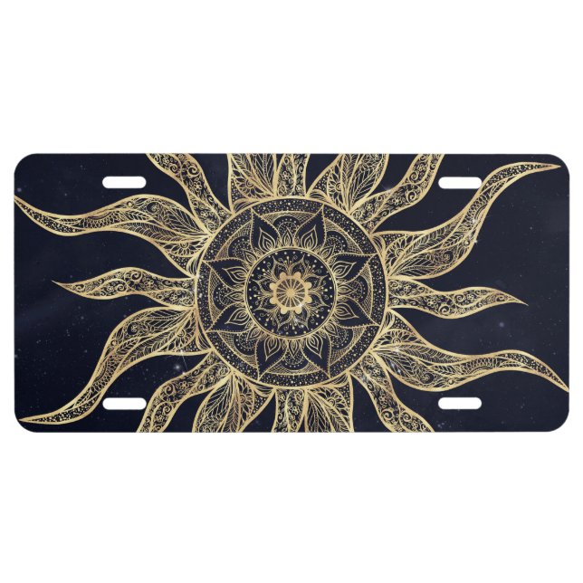Elegant Gold Sun Mandala Blue Nebula Design License Plate (Front)