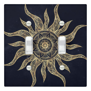Elegant Gold Sun Mandala Blue Nebula Design Light Switch Cover